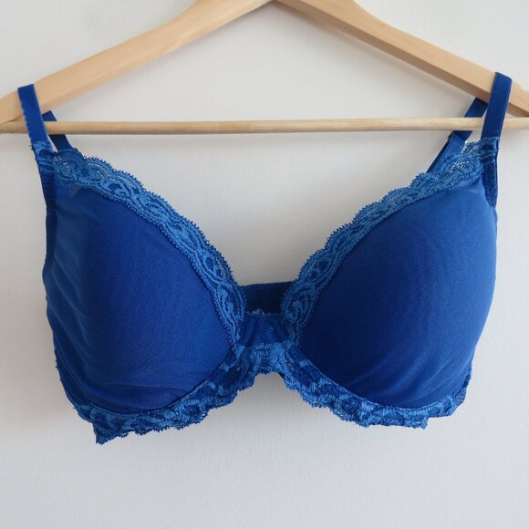NATORI Feathers Plunge Lace T Shirt Bra in Blue Mesh - Size 34DD - Picture 2 of 10